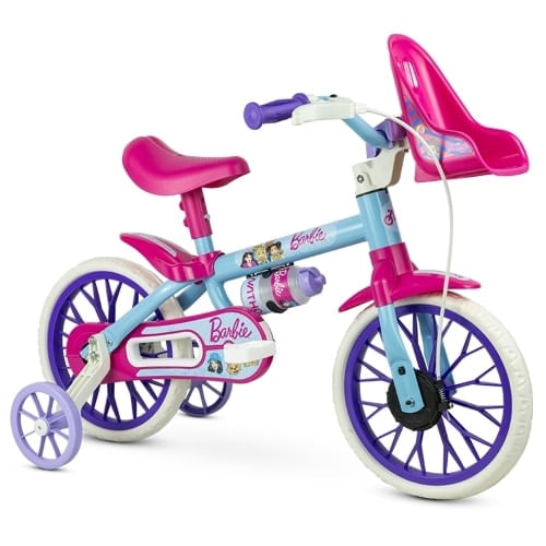 Bicicleta Infantil Nathor Barbie Aro 12 com Rodinhas Rosa Roxo Azul