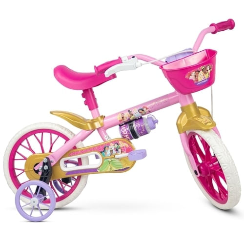 Bicicleta Infantil Nathor Princesas R12 Aro 12 com Rodinhas Branco Rosa e Dourado