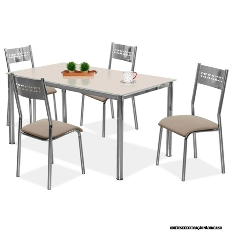 Conjunto de Mesa Cozinha Aço Nobre Jessica com Tampo de Vidro 4 Cadeiras Off White