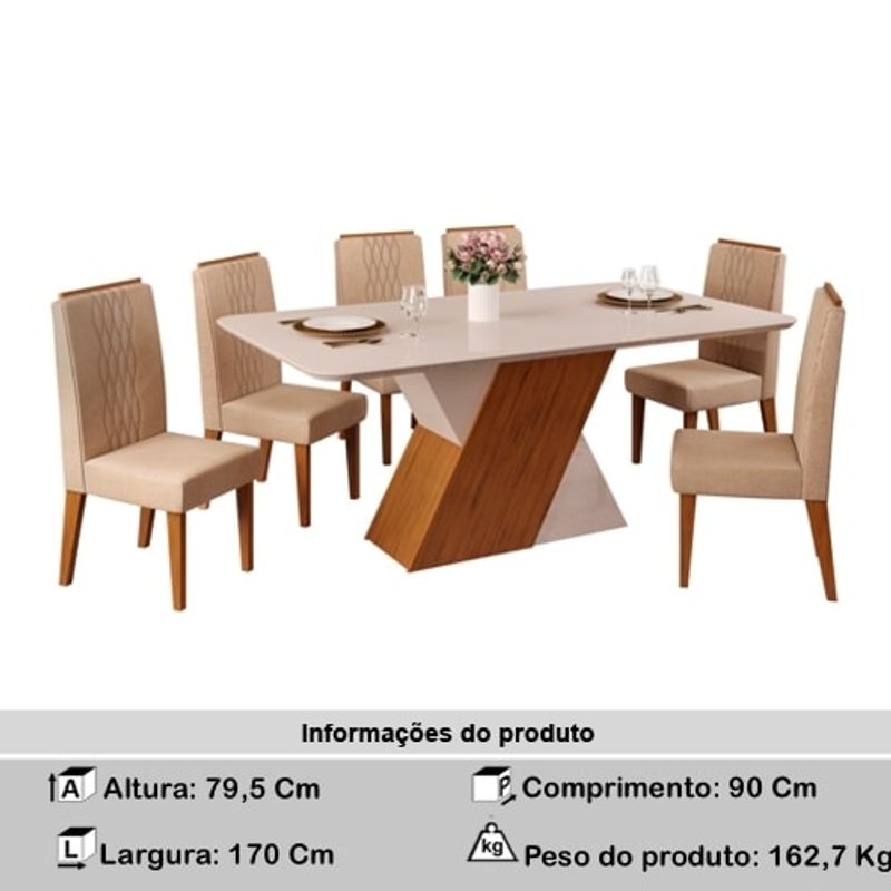 Conjunto de Mesa DJ Móveis Rubi com Tampo 6 Cadeiras MDF MDP Freijo Off